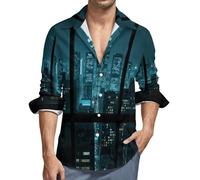 MGDIFYXAA Camicia Lino Verde Uomo Manica Lunga Camicia La Città Fuori dalla Finestra Casual Estiva con Bottoni Slim Fit Hawaiana Maglietta da Spiaggia Comode Leggera Shirt Taglie Forti M