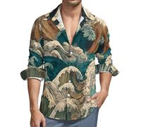 MGDIFYXAA Camicia Lino Verde Uomo Manica Lunga Camicia Onde del Mare Casual Estiva con Bottoni Slim Fit Hawaiana Maglietta da Spiaggia Comode Leggera Shirt Taglie Forti 6XL