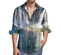 MGDIFYXAA Camicia Lino Verde Uomo Manica Lunga Camicia Paesaggio della Cascata Casual Estiva con Bottoni Slim Fit Hawaiana Maglietta da Spiaggia Comode Leggera Shirt Taglie Forti 3XL
