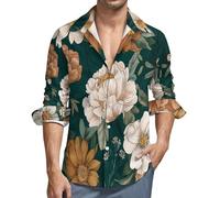 MGDIFYXAA Camicia Peonia con Linee da Uomo a Maniche Lunghe, in Lino, con Colletto rovesciato, vestibilità Regolare Button-Down Formale Casual da Lavoro con Tasche,Verde Scuro M