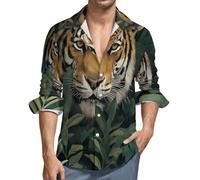 MGDIFYXAA Camicia Tigre della Giungla da Uomo a Maniche Lunghe, in Lino, con Colletto rovesciato, vestibilità Regolare Button-Down Formale Casual da Lavoro con Tasche,Verde XXL
