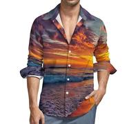 MGDIFYXAA Camicia Tramonto da Uomo a Maniche Lunghe, in Lino, con Colletto rovesciato, vestibilità Regolare Button-Down Formale Casual da Lavoro con Tasche,Arancia L