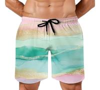 MGDIFYXAA Costume da Bagno Uomo Acquerello Astratto, Pantaloncini Mare con Stampa Strisce Verdi e Rosa, Vita Elastica con Coulisse, Slip Interno in Mesh, Shorts Sportivi per Nuoto Piscina L