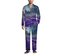 MGDIFYXAA Pigiama Foresta Magica Uomo Abbottonata Cotone Lungo Set Pigiami Bottoni Classici Due Pezzi Lingerie Maniche Lunghe Pantaloni Lunghi Pigiami Viola Casual per la Casa M
