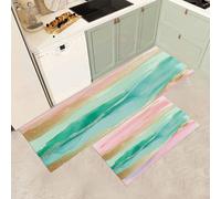 MGDIFYXAA Tappeto Cucina 50×80cm+50×150cm,Tappeto Cucina Acquerello astratto Antiscivolo Lavabile, Anti-Fatica Passatoia Strisce verdi e rosa Tappeti Impermeabile per Corridoio, Lavanderia