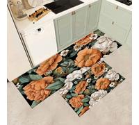 MGDIFYXAA Tappeto Cucina - Lavabile in Lavatrice - Tappeto cucina Floreale retrò antiscivolo per soggiorno camera da letto corridoio Entrata bagno (Fiori d'arancio,40×60cm+40×120cm)