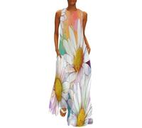 MGDIFYXAA Vestito Donna Scollo a V Lungo Maxi Senza Maniche Acquerello Arcobaleno- Abito Stampa Margherite Bianche Elegante da Festa con Tasche per Cerimonia o Spiaggia 4XL