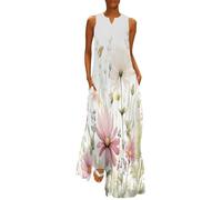 MGDIFYXAA Vestito Donna Scollo a V Lungo Maxi Senza Maniche Piante ad Acquerello- Abito Stampa Fiori Selvatici Rosa Pallido Elegante da Festa con Tasche per Cerimonia o Spiaggia XXL