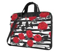 MGGAklp Borsa a tracolla per computer portatile con stampa a righe bianche e nere con stampa di rose rosse e cerniera impermeabile con tracolla regolabile, Nero , 14 inch