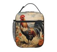 MGGAklp Borsa per il pranzo con stampa di gallo su legno con stampa di terreni agricoli, portatile, riutilizzabile, con cerniera, per lavoro, picnic, viaggi, campeggio