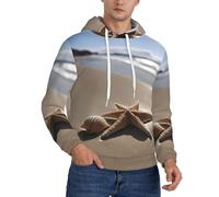 MGGAklp Starfish Seashell Sandy Beach Print Mens Hoodies Pullover Manica Lunga Sottile Felpa Con Cappuccio In Pile Accogliente Sport Casual Outwear, Nero , XXL
