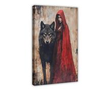 MGHDGD Stampa artistica su tela, motivo: Cappuccetto Rosso e il lupo cattivo, stile gotico, decorazione per camera da letto, ufficio, camera da letto, regalo, 60 x 90 cm