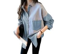 MGizo DtiSpectrum Camicia da Donna in Finto Denim di Cotone Puro - Camicia a Righe Oversize con Bottoni, Maniche Lunghe e Bottone Automatico in Metallo, Blu Denim, Camicetta Patchwork