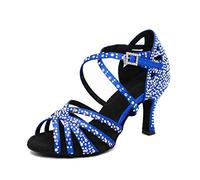 MGM-Joymod Sandali da Ballo da Donna Aperti in Punta con Cinturini Incrociati e Strass Ideali per Feste Matrimoni Balli Latini Moderni e Tango, Blu Tacco da 7.5cm, 38 EU