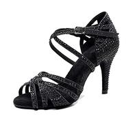 MGM-Joymod Sandali da Ballo da Donna Aperti in Punta con Cinturini Incrociati e Strass Ideali per Feste Matrimoni Balli Latini Moderni e Tango, Nero Scuro Tacco da 8.5cm, 36.5 EU