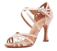 MGM-Joymod Sandali da Ballo da Donna Aperti in Punta con Cinturini Incrociati e Strass Ideali per Feste Matrimoni Balli Latini Moderni e Tango, Skin Tacco da 9cm, 40.5 EU