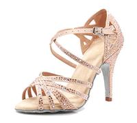 MGM-Joymod Sandali da Ballo da Donna Aperti in Punta con Cinturini Incrociati e Strass Ideali per Feste Matrimoni Balli Latini Moderni e Tango, Beige Tacco da 10 cm, 42.5 EU