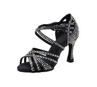 MGM-Joymod Sandali da Ballo da Donna Aperti in Punta con Cinturini Incrociati e Strass Ideali per Feste Matrimoni Balli Latini Moderni e Tango, Nero A Tacco da 9cm, 36.5 EU
