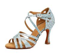 MGM-Joymod Sandali da Ballo da Donna Aperti in Punta con Cinturini Incrociati e Strass Ideali per Feste Matrimoni Balli Latini Moderni e Tango, Glitte Blu Tacco da 9cm, 37.5 EU