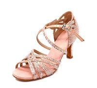 MGM-Joymod Sandali da Ballo da Donna Aperti in Punta con Cinturini Incrociati e Strass Ideali per Feste Matrimoni Balli Latini Moderni e Tango, Beige Tacco da 7.5cm, 36 EU