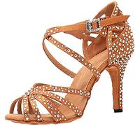 MGM-Joymod Sandali da Ballo da Donna Aperti in Punta con Cinturini Incrociati e Strass Ideali per Feste Matrimoni Balli Latini Moderni e Tango, Marrone Tacco da 8.5cm, 35 EU