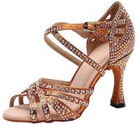 MGM-Joymod Sandali da Ballo da Donna Aperti in Punta con Cinturini Incrociati e Strass Ideali per Feste Matrimoni Balli Latini Moderni e Tango, Marrone A Tacco da 9cm, 34.5 EU