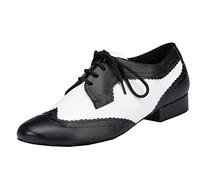 MGM-Joymod - Scarpe da Ballo da Uomo con Lacci in Pelle e Punta Rotonda Social Dacne Salsa Tango Samba Jazz Rumba Ballroom Latino Moderna,Nero Bianco 2.5cm Tacco,42.5 EU