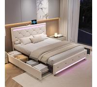 MGMYM Letto matrimoniale imbottito 140 x 200 cm, letto per ragazzi con LED e 4 cassetti, struttura del letto con rete a doghe, letto funzionale, testiera con USB e LED, velluto (beige-D)
