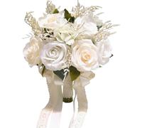 Mgonwl Bouquet per Matrimoni, Bouquet da Sposa Rosa di Seta Bianca, Fiori di Matrimonio realistici con Nastro di Seta, Fiore Artificiale Decorativo per la Cerimonia Decorazione della Chiesa