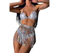 MHADBKH Bikini da donna con schiena scoperta e gonna con nappe, 3 pezzi, costume da bagno rave, abbigliamento da spiaggia