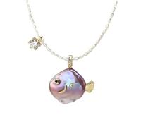MHADBKH Collana con ciondolo a forma di pesce con perle naturali ornata con zirconi brillanti per donne gioielli da indossare tutti i giorni, Star, Perla, Nessuna pietra preziosa