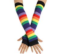 MHADBKH Donne Ragazza Lavorato A Maglia Sopra Il Gomito Lungo Manicotti Bandiera Degli Stati Uniti Strisce Arcobaleno Patchwork Party Guanti Senza Dita Con Foro per Pollice Cappelli, Guanti bocca neri