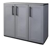 Mhdvray Armadio da giardino per esterni, grigio e nero, 102 x 37 x 84 cm | Robusto materiale PP con cerniere in acciaio, 3 ante e ripiano per tenere in ordine la terrazza o il balcone.