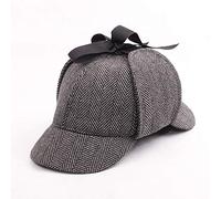 MHGLOVES Sherlock Holmes Tweed Cappello di Deerstalker con Due Peaks E Paraorecchie,Berretto da Cacciatore Inglese per Uomo in Lana Spigato(56-58Cm),Grigio