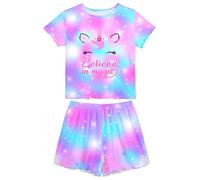 MHJY Pigiama da bambina a maniche corte con volant, set da 2 pezzi, camicia e pantaloncini, abbigliamento da notte casual per ragazze, Blu e viola., 7-8 Years