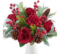 MHMJON Bouquet di 18 fiori artificiali di Natale, bouquet misti, rami di pino artificiali, steli di bacche e pigne, fiori finti rossi, per Natale, inverno, casa, tavolo, vaso, bouquet di nozze (36,8
