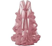 MHNFGDSE Abito Lingerie da Donna con Illusione Sexy Vestaglia con Piume Trasparenti Camicia da Notte Vestaglia da Sposa Scollo a V in Rete con Piume in Tulle Maniche Svasate Vestaglia,A,One Size