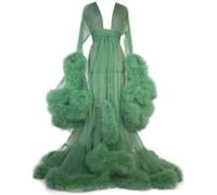 MHNFGDSE Donna Sexy Lingerie Vestaglia Piume Scollo a V Vestaglia Sexy in Trasparenti Volant Vestaglia a Kimono da Notte in Pizzo a Maniche Lunghe in Tulle Trasparente con Finiture,L,One Size