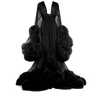 MHNFGDSE Donna Sexy Lingerie Vestaglia Piume Scollo a V Vestaglia Sexy in Trasparenti Volant Vestaglia a Kimono da Notte in Pizzo a Maniche Lunghe in Tulle Trasparente con Finiture,J,One Size