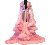 MHNFGDSE Donna Sexy Lingerie Vestaglia Piume Scollo a V Vestaglia Sexy in Trasparenti Volant Vestaglia a Kimono da Notte in Pizzo a Maniche Lunghe in Tulle Trasparente con Finiture,G,One Size