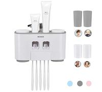 MHTECH -Dispenser Automatico di Dentifricio e Spazzolino Holder Set con Montaggio a Parete - Hands Free 2 Dentifricio Squeezers con 5 Pennelli Set con 4 Tazze- Adatto per Famiglie (Grigio)