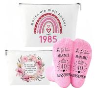 MHwan 40° compleanno da donna, regalo con parole divertenti e umoristiche, borse cosmetiche squisite su entrambi i lati e set di calzini morbidi e caldi, graziosi set rosa, regalo di compleanno per