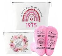 MHwan 50° compleanno da donna, regalo con parole divertenti e umoristiche, borse cosmetiche squisite su entrambi i lati e set di calzini morbidi e caldi, graziosi set rosa, regalo di compleanno per