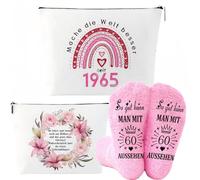 MHwan 60° compleanno da donna, regalo con parole divertenti e umoristiche, borse cosmetiche squisite su entrambi i lati e set di calzini morbidi e caldi, graziosi set rosa, regalo di compleanno per