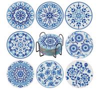 MHwan 8 pezzi sottobicchieri tridimensionali con pittura a diamante 5D, squisito mandala blu, non assorbente, indeformabile, può essere riutilizzato a lungo, con base in sughero antiscivolo