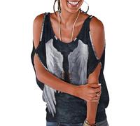MHYRAC Top da donna, sfondo blu con dinosauri, top da donna, top con spalle scoperte per lavoro e ufficio, Ali d'angelo, L