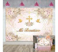 Mi Bautizo - Sfondo bohémien per battesimo, Dio benedica la prima comunione, sfondo per festa per ragazza, rosa, floreale, battesimo, baby shower, striscione per foto (2,3 x 1,8 m (230 x 180 cm)