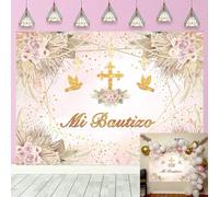 Mi Bautizo - Sfondo bohémien per battesimo, Dio benedica la prima comunione, sfondo per festa per ragazza, rosa, floreale, battesimo, baby shower, accessori per foto (208,3 x 150 cm)