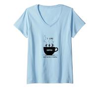 Mi Piace Il caffè e Forse 3 Persone Grafica Divertente Maglietta con Collo a V, Donna, Celeste, M