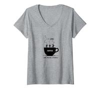 Mi Piace Il caffè e Forse 3 Persone Grafica Divertente Maglietta con Collo a V, Donna, Grigio Melange, L